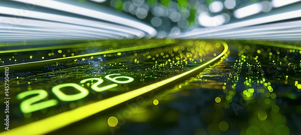 Fototapeta  Futuristic highway with glowing neon lines and digital particles. Year “2026” on the surface. Concept of speed, progress, and technology evolution.