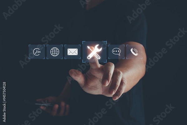 Fototapeta Technical Support Customer Service Concept. Tool with icons for customer service, 24 hrs 7 day support, communication, and technical maintenance. business technology in customer assistance.