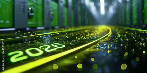 Fototapeta Conceptual future road with neon green paths and data particles, leading to 2026. Represents speed, innovation, and the digital age.
