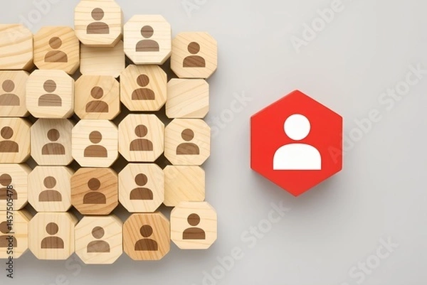 Fototapeta Human Resource in Abstract: Abstract composition representing human resource. Wooden blocks with human icons, and one unique red block. Conceptual image.
