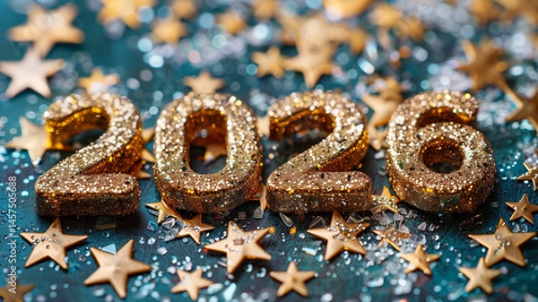 Fototapeta Golden glitter 2026 numbers on festive background with stars and sparkles. New Year celebration, luxury holiday decoration.