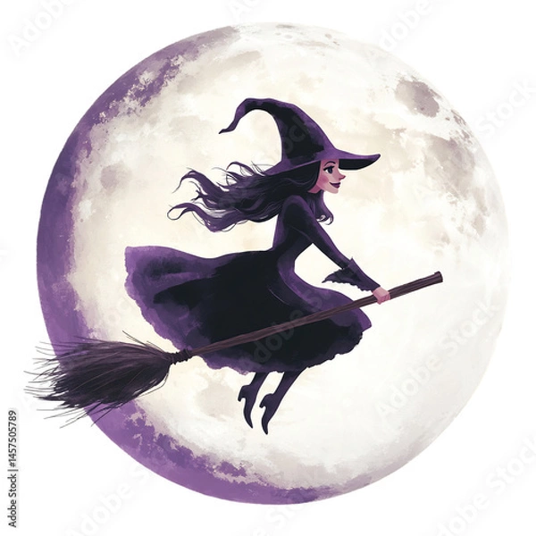 Fototapeta A Cartoon Witch Flying on a Broomstick Isolated on Transparent Background