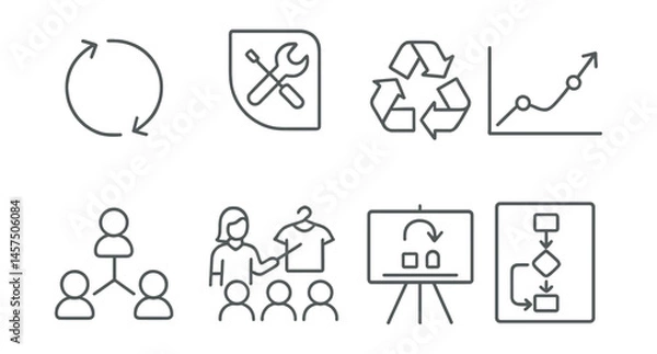 Fototapeta Line style icons of circular thinking education: life cycle arrows, repair corner badge, reduce-reuse-recycle chart, product journey map, waste to value graph, shared item icon, classroom swap day,