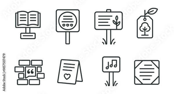 Fototapeta Line style icons of poetic city markers: tiny story plaque, memory lane badge, urban haiku sign, name that tree label, quote in the bricks, “this mattered here” card, joyful moment post,