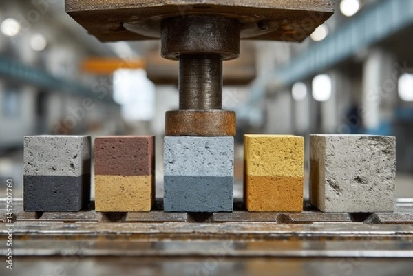 Fototapeta Compression Testing of Colorful Concrete Cubes Under Hydraulic Press to Assess Building Material Strength in Factory Setting