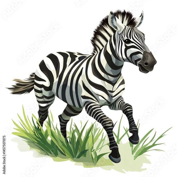 Fototapeta A Cartoon Zebra Running Through Tall Grass Isolated on Transparent Background