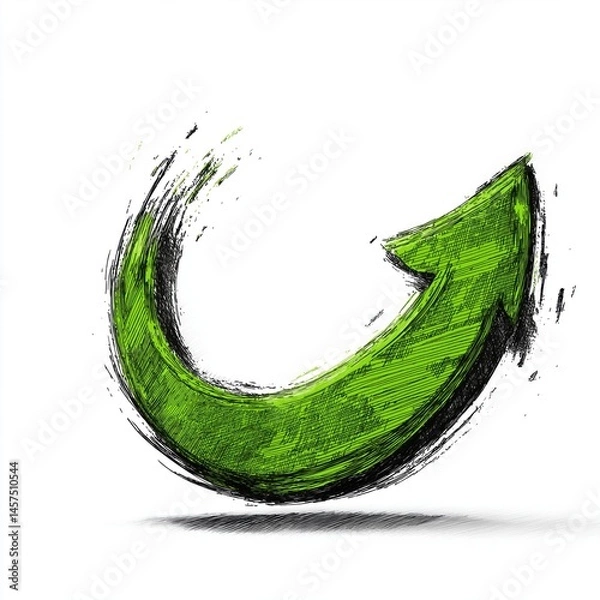 Fototapeta Sketchy green circular arrow: hand drawn style with ink splatter, white background