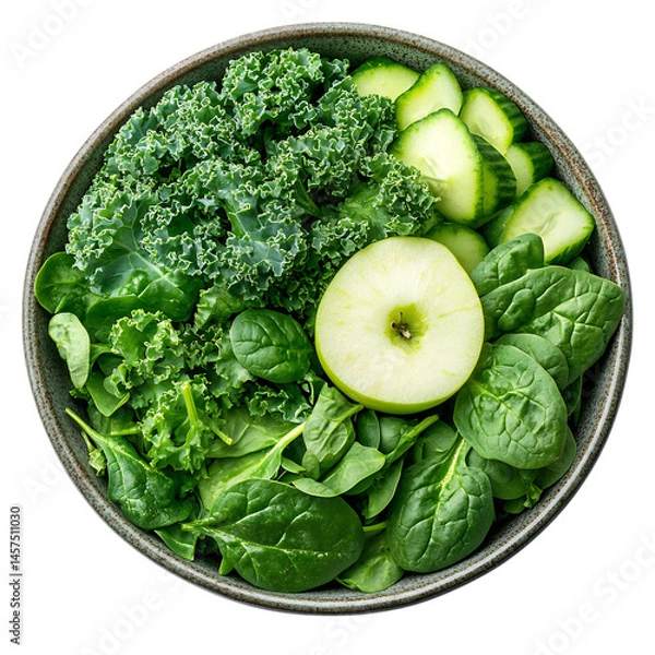 Fototapeta Modern Green Vitality Bowl with Fresh Spinach Kale and Apples Isolated on Transparent Background