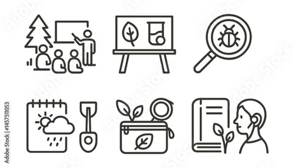 Fototapeta Line style icons of nature-based learning: forest classroom, outdoor science board, tree ring chart, bug viewer icon, weather log, field kit icon, nature notebook, listening session.