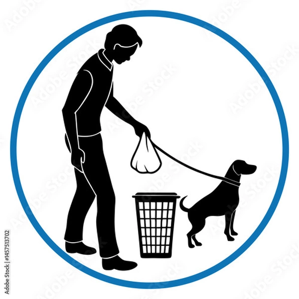 Fototapeta Person with dog on leash standing next to trash bin, holding poop bag, responsible pet ownership