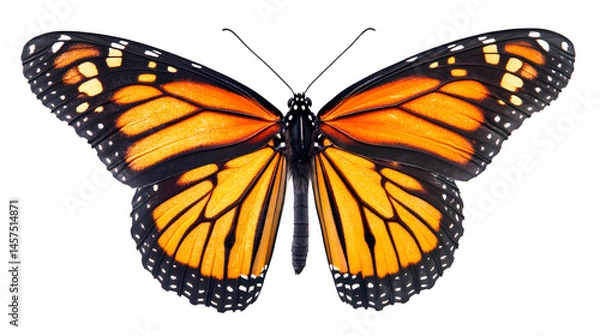 Fototapeta A detailed close-up of a vibrant monarch butterfly with orange and black wings, isolated on white background