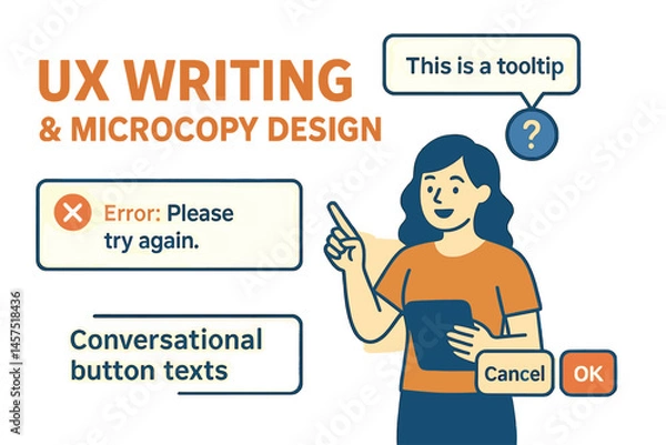 Fototapeta Vector illustration of UX writing and microcopy design with tooltip examples, error messages, and conversational button texts