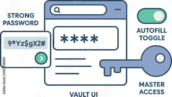 Fototapeta Vector illustration of password management tools with strong password generator, vault UI, autofill toggle, and master access key