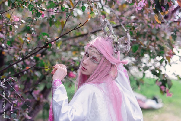Fototapeta Deer dryad girl against the background of a blooming pink apple tree