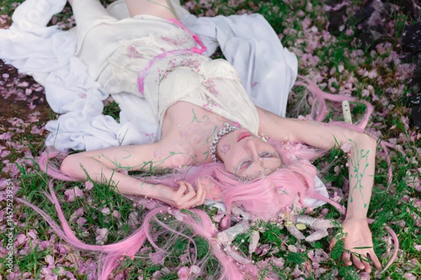 Fototapeta Deer dryad girl against the background of a blooming pink apple tree