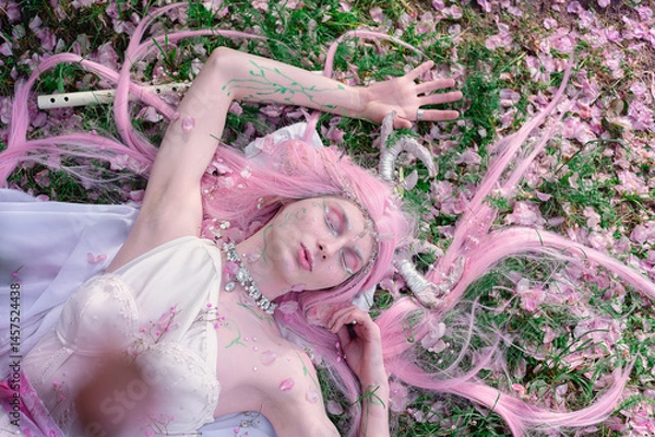 Fototapeta Deer dryad girl against the background of a blooming pink apple tree