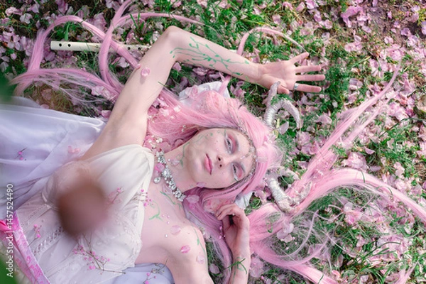 Fototapeta Deer dryad girl against the background of a blooming pink apple tree