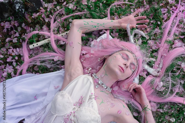 Fototapeta Deer dryad girl against the background of a blooming pink apple tree
