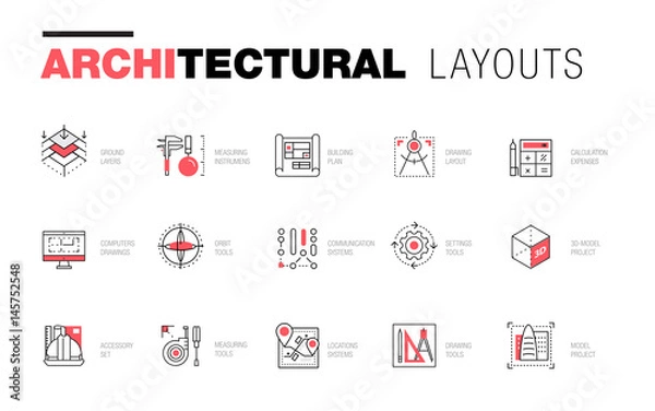 Fototapeta Układy architektoniczne w modnej kompozycji wielokątów. Cienkie ikony budynków. Profesjonalne rysowanie projektów. Niesamowity styl geometrii konturu z piktogramem przyszłości dla Twojego projektu.