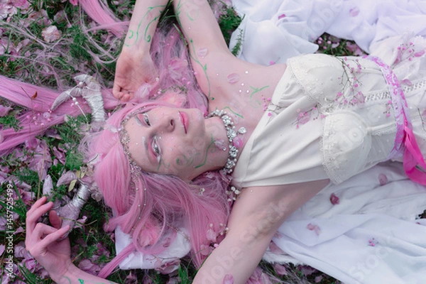Fototapeta Deer dryad girl against the background of a blooming pink apple tree