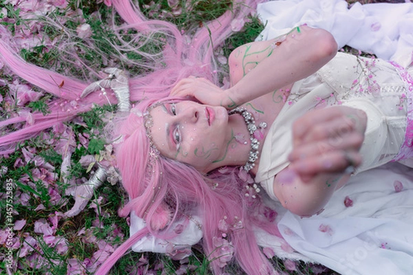 Fototapeta Deer dryad girl against the background of a blooming pink apple tree