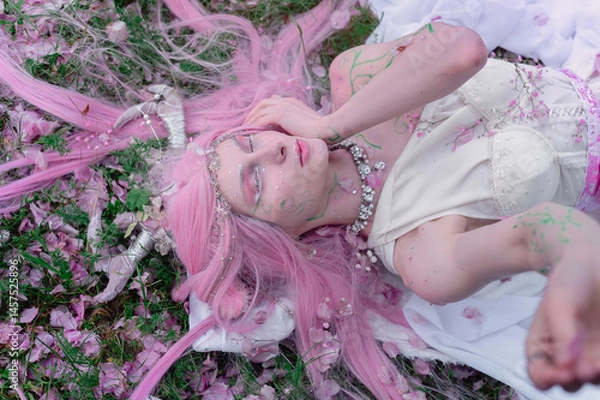 Fototapeta Deer dryad girl against the background of a blooming pink apple tree