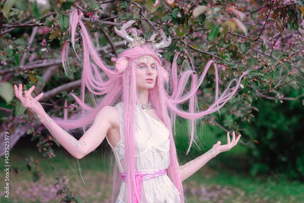 Fototapeta Deer dryad girl against the background of a blooming pink apple tree
