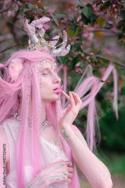 Fototapeta Deer dryad girl against the background of a blooming pink apple tree