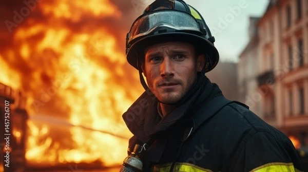 Fototapeta Another firefighter, donned in specialized protective attire, stares intently ahead as flames roar behind, representing unwavering strength and fearless dedication to duty.