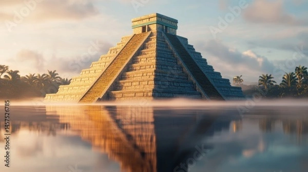 Fototapeta An awe-inspiring Mayan temple reflects beautifully on a calm water surface, creating a serene atmosphere that enhances its majestic and timeless presence.