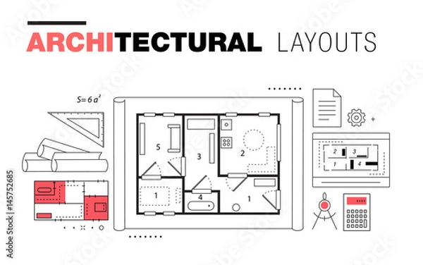 Fototapeta Architectural layouts in Trendy polygonal  line composition. Thin icons of buildings. Professional projects drawing. Awesome contour geometry style with pictogram of future for your design.