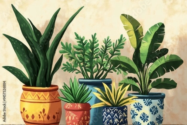 Fototapeta This image showcases a collection of colorful potted plants in artistically designed pots, featuring various plant species creating a lush, vibrant arrangement.