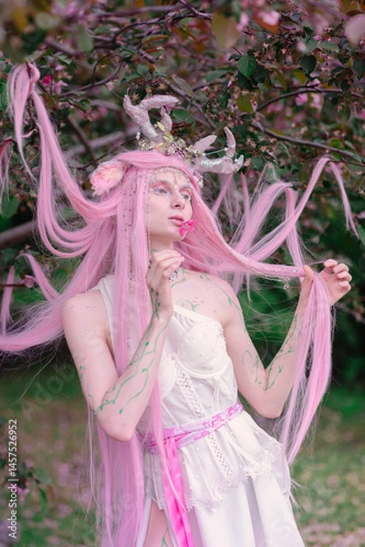 Fototapeta Deer dryad girl against the background of a blooming pink apple tree