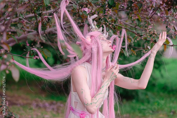 Fototapeta Deer dryad girl against the background of a blooming pink apple tree