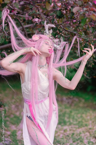 Fototapeta Deer dryad girl against the background of a blooming pink apple tree