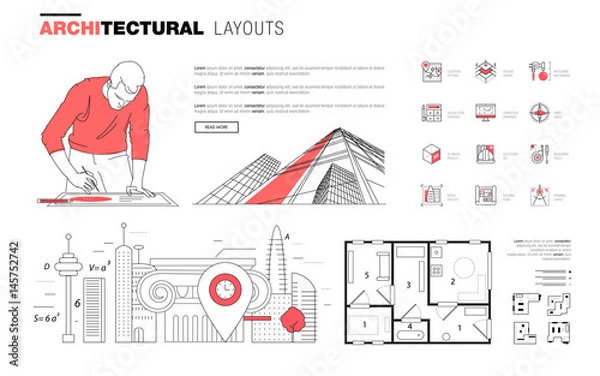 Fototapeta Architectural layouts in Trendy polygonal  line composition. Thin icons of buildings. Professional projects drawing. Awesome contour geometry style with pictogram of future for your design.