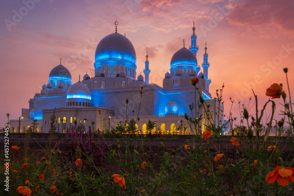 Obraz View of Sheikh Zayed Grand mosque with flowers at morning, located on Surakarta