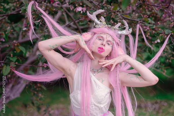 Fototapeta Deer dryad girl against the background of a blooming pink apple tree