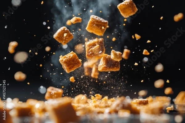 Fototapeta Golden cereal cubes elegantly scatter mid-air under dramatic lighting, capturing the motion and texture in a mesmerizing display of breakfast art and energy.