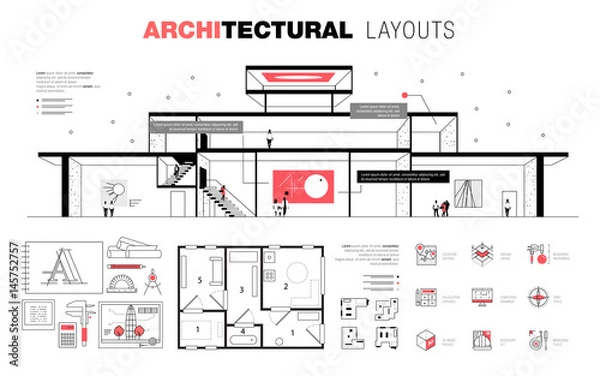 Fototapeta Architectural layouts in Trendy polygonal  line composition. Thin icons of buildings. Professional projects drawing. Awesome contour geometry style with pictogram of future for your design.