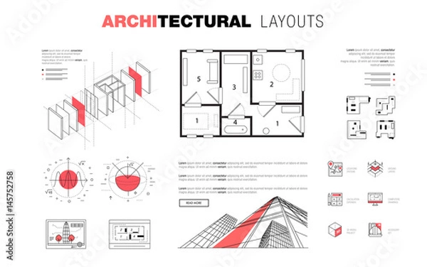 Obraz Architectural layouts in Trendy polygonal  line composition. Thin icons of buildings. Professional projects drawing. Awesome contour geometry style with pictogram of future for your design.