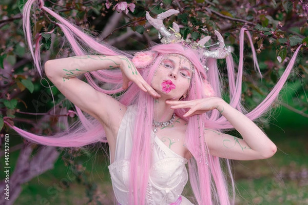 Fototapeta Deer dryad girl against the background of a blooming pink apple tree