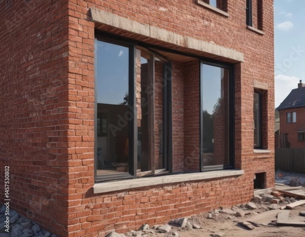 Fototapeta Contemporary house undergoing renovation, brickwork and window installation, mortar, building materials, extension