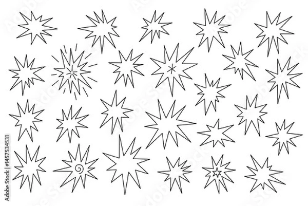 Fototapeta Set of hand drawn abstract figures of stars, flashes, explosions, fireworks of different shapes, sizes with pointed rays in black and white colors for design, comic effects, badges, stickers. 