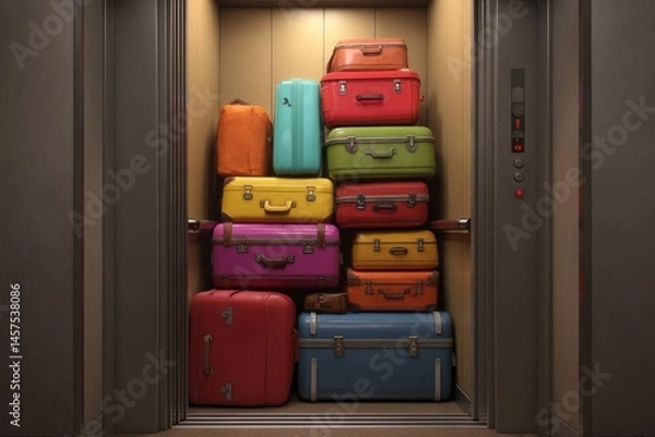 Fototapeta A packed elevator displays a stack of brightly colored suitcases ready for a journey.