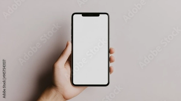 Fototapeta Hand holding smartphone with blank white screen on neutral background