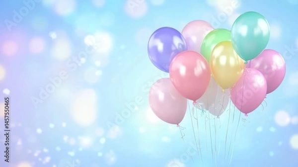 Fototapeta Pastel balloons floating on light blue bokeh background