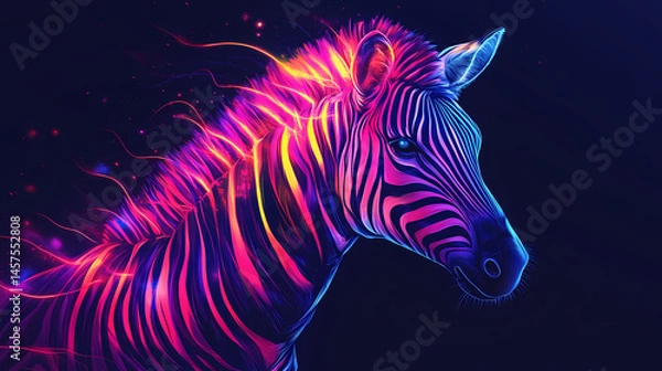 Fototapeta Dazzling neon zebra shining brightly on black background image. [Neon Beasts] | Colorcharge Beast | energy breath. Illustration