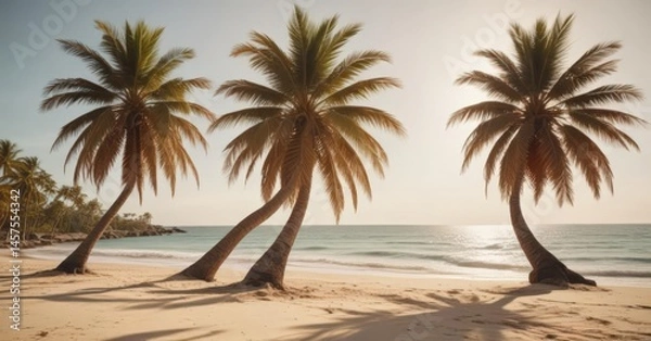 Fototapeta Sun-drenched palm trees lean over a vintage-toned sandy beach; film grain adds texture ,  warm tones,  bright,  blue water