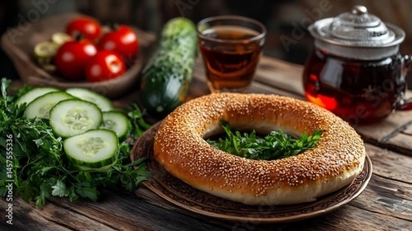 Fototapeta Turkish simit sesame seeds cucumbers tomatoes and a glass of tea on a rustic wooden table Fresh and vibrant display Normal view